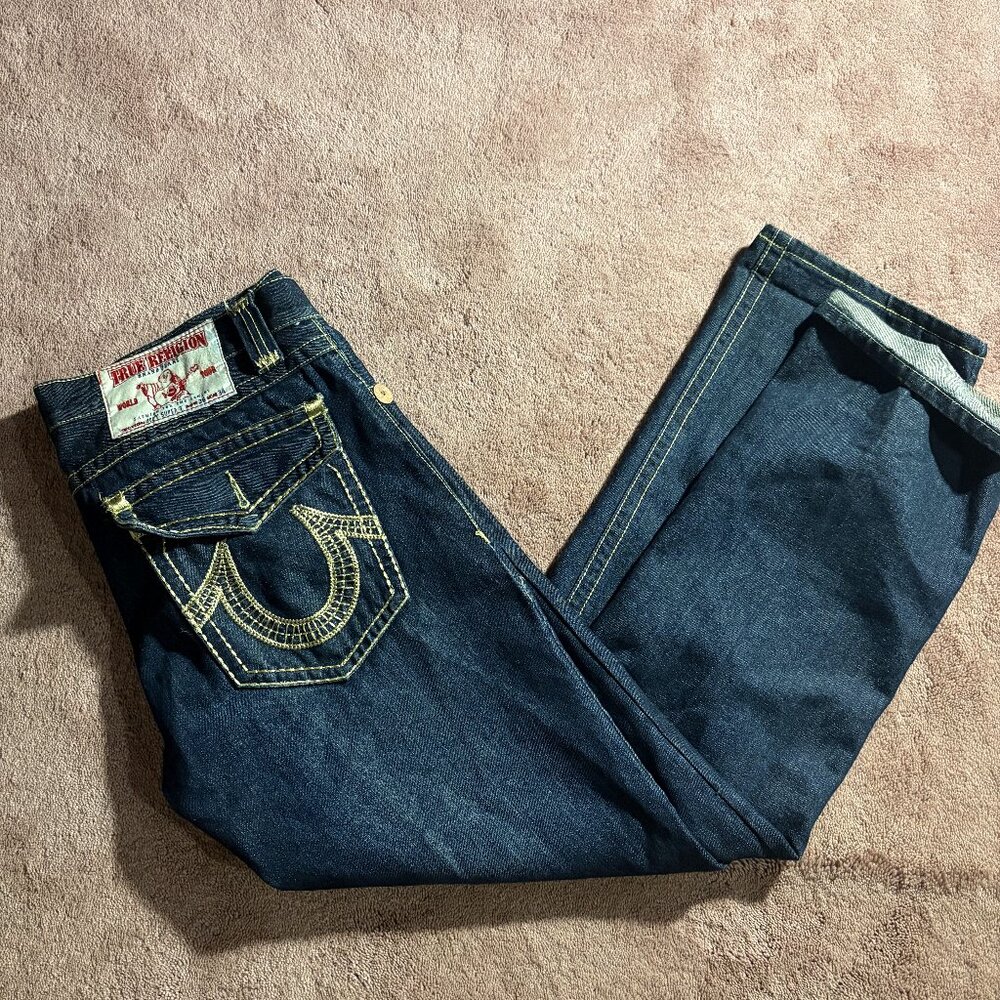 True Religion Joey Super T Mens Dark Wash Flare Jeans 36x34 Contrast Stitch